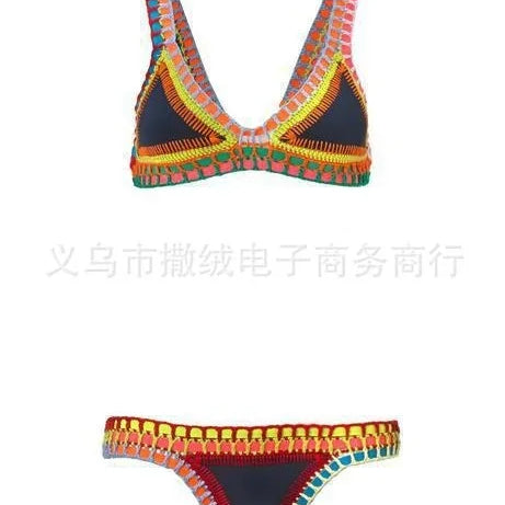 Hand Crocheted Bikini Knitted Splicing SWIMSUIT SET Plus Size Swimwear Women Navy Blue