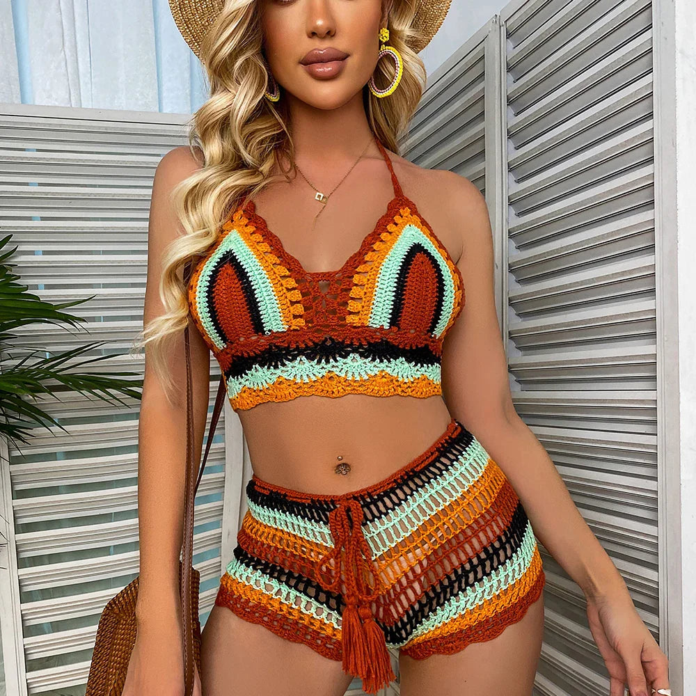 Crochet Bikini Sets Multi Color Knitted Rainbow Striped Off Shoulder Top + Bottom Bikini Beachwear Bathing Suit Women Swimsuit Rusty Red