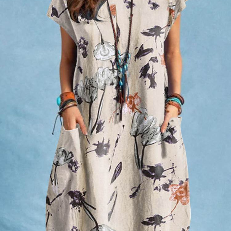 Summer Vintage Dress Bohemian Floral Print O-Neck Short Sleeve Sundress Beige
