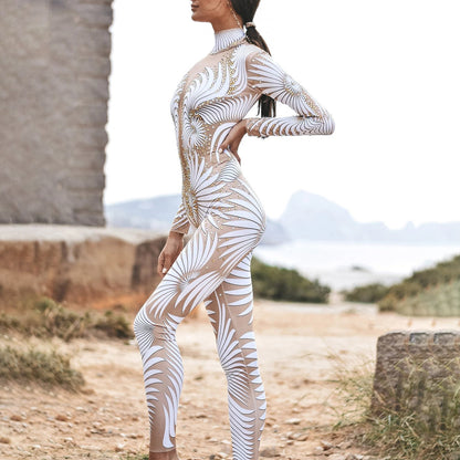 Women Skeleton Robot 3D Printing Bodysuit Zipper Back Halloween Costume Full Body Fall Jumpsuits for Women Wedding Guest