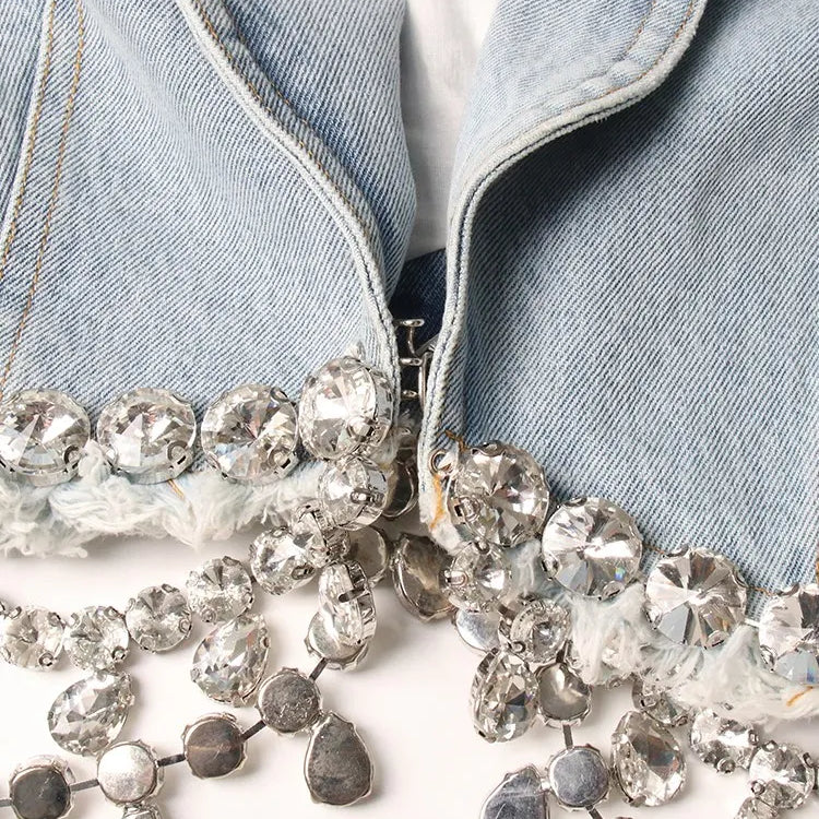 Spliced Diamonds Tassel Denim Two Piece Set For Women Lapel Long Sleeve Coat High Waist Mini Skirt Fashion Set 2023