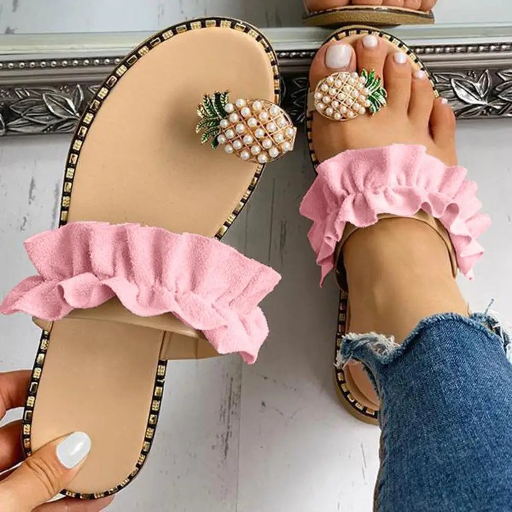 Women Slipper Pineapple Pearl Flat Toe Bohemian Summer Beach Sandals Ladies Shoes plus size Mujer Verano Pink