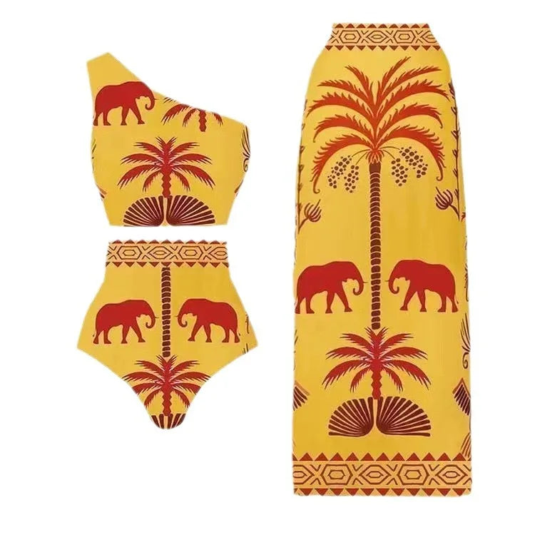 Europe and the United States new swimsuit retro printed mesh pants bikini conservative women's swimsuit