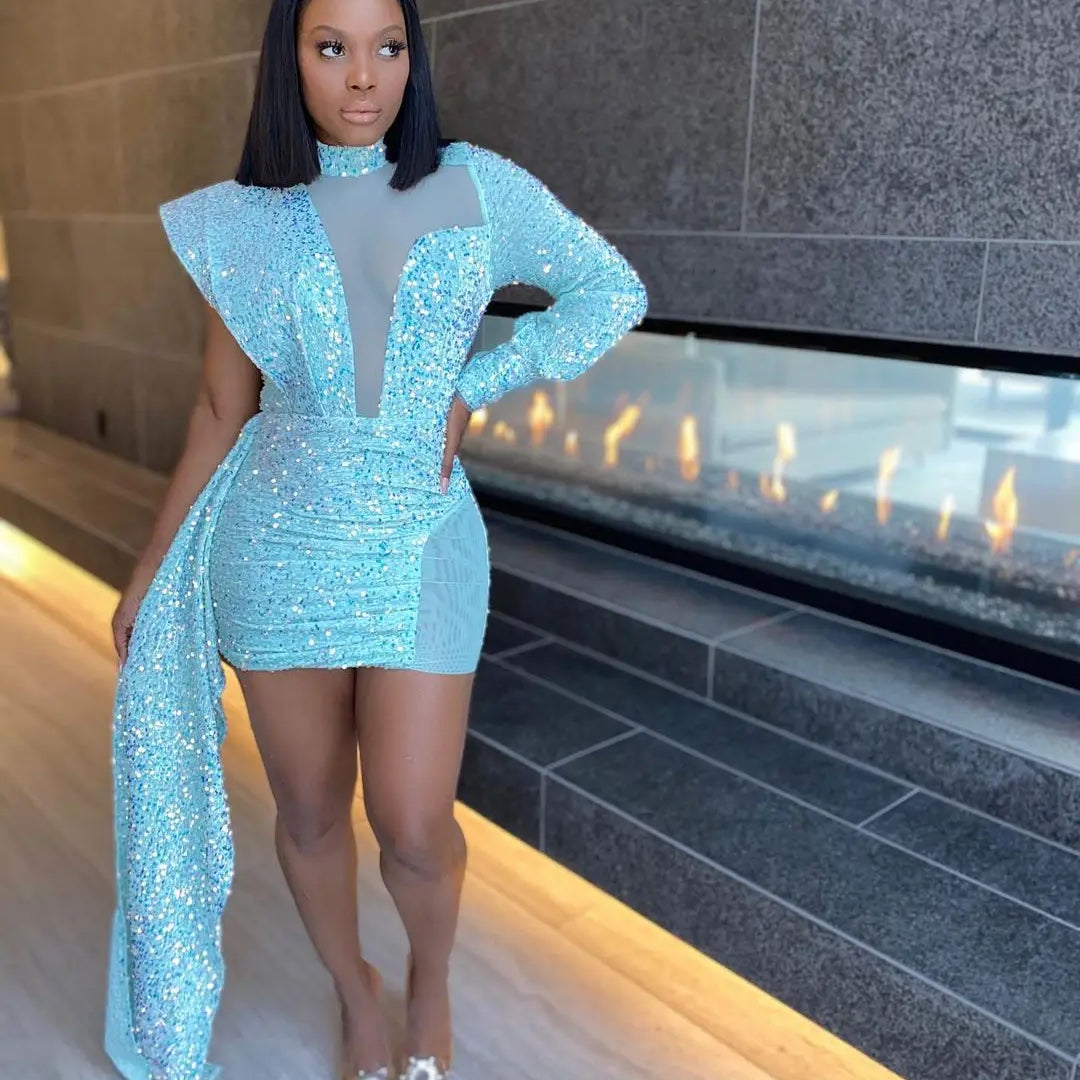 Women Sequin Mini White Dress Party See Through High Neck Sexy Long Sleeve Bodycon Tail Short Evening Elegant Dresses