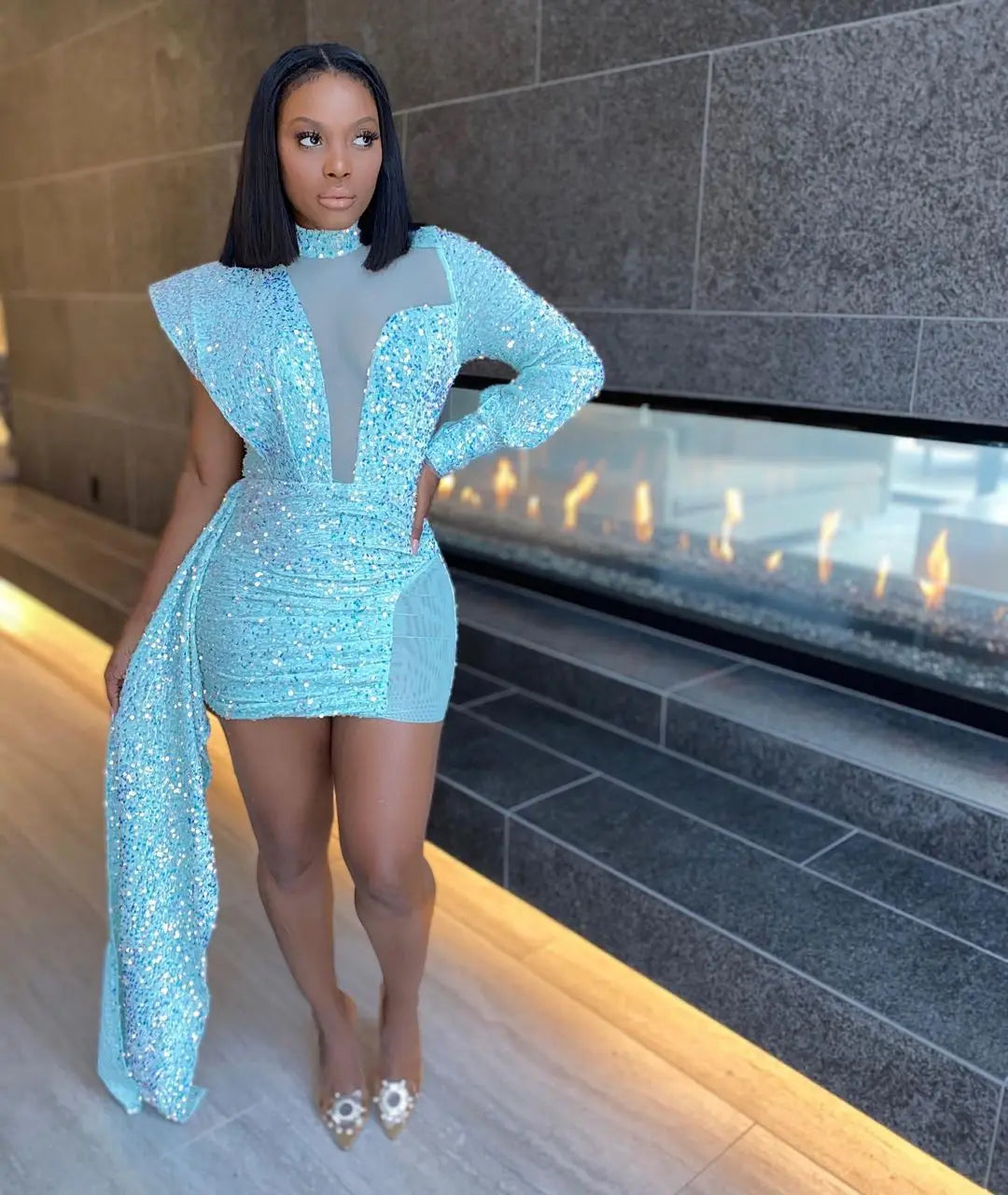 Women Sequin Mini White Dress Party See Through High Neck Sexy Long Sleeve Bodycon Tail Short Evening Elegant Dresses