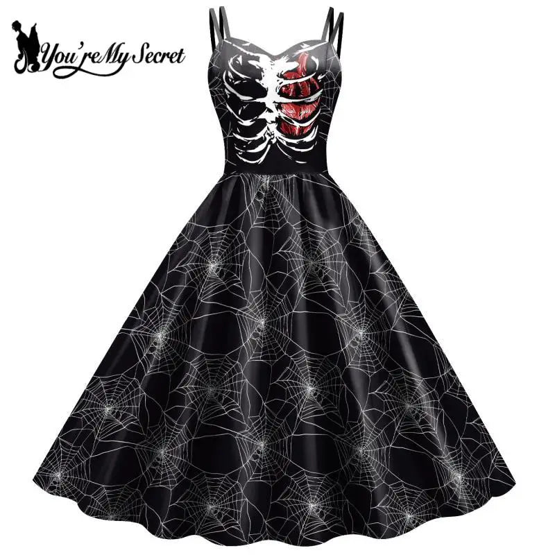 Fancy Skeleton Halloween Women Dress Girl Carnival Party Dresses Female Goth Horror Costume Rockabilly Dress