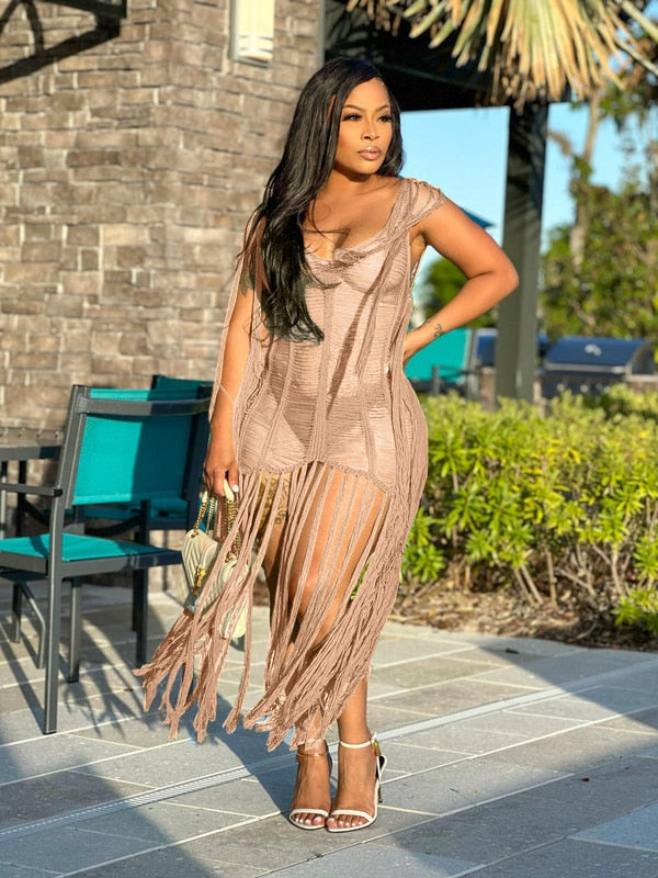 Sexy Crochet Knit Rib Tassel Mini Dress for Women Summer 2024 Fashion Sleeveless See Through Club Party Dresses Beach Wear Robe