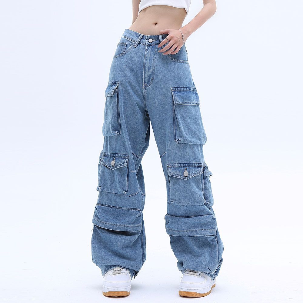 Pocket Solid Color Overalls Jeans Feminino's Y2K Street Retro Loose Wide-Leg Overalls Casal Casual Joker Mopping Jeans Calças Mulheres
