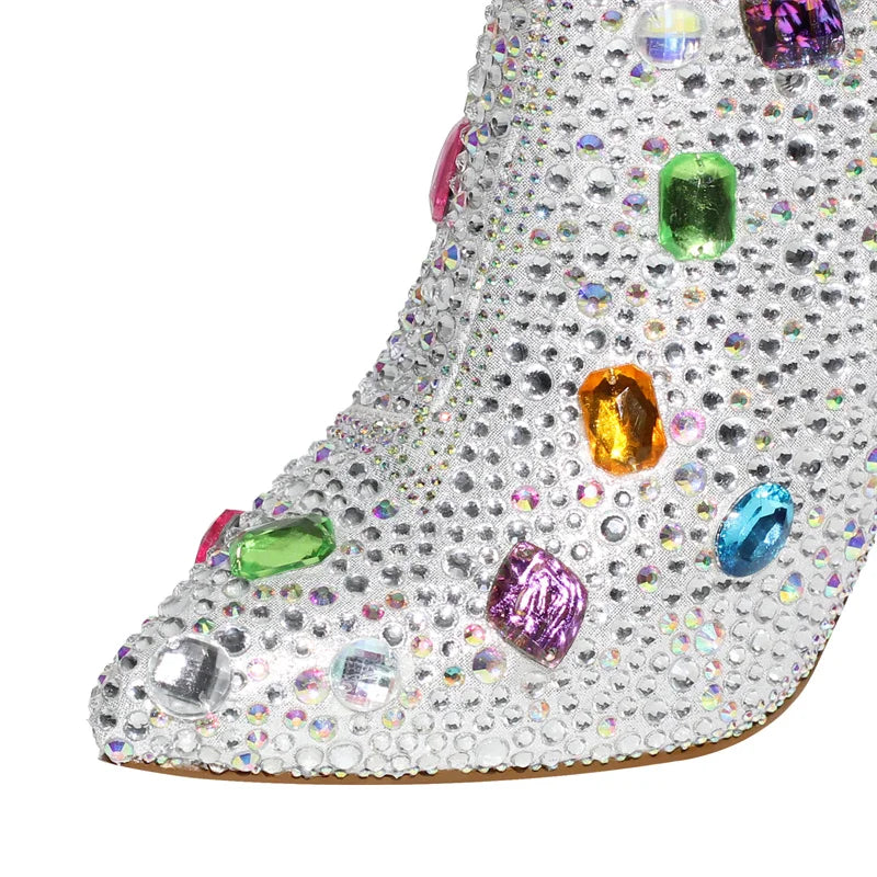 Women Rhinestones Ankle Boots Pointed Toe Zipper Luxury Bling Party Dress Big Size Lady Booties