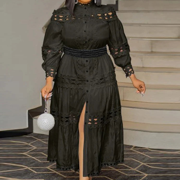 Elegant Women Hollow Out Lace Splice Mock Neck Lantern Long Sleeve Midi Dress with Belt Casual Party Club Outfits Plus Size