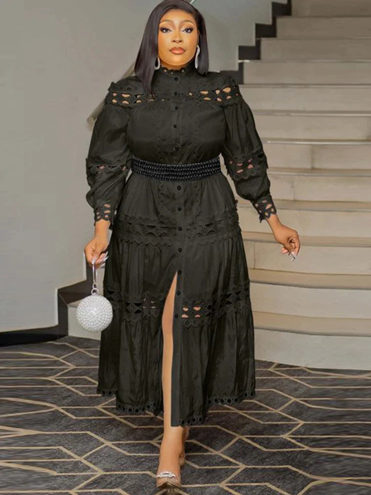 Elegant Women Hollow Out Lace Splice Mock Neck Lantern Long Sleeve Midi Dress with Belt Casual Party Club Outfits Plus Size