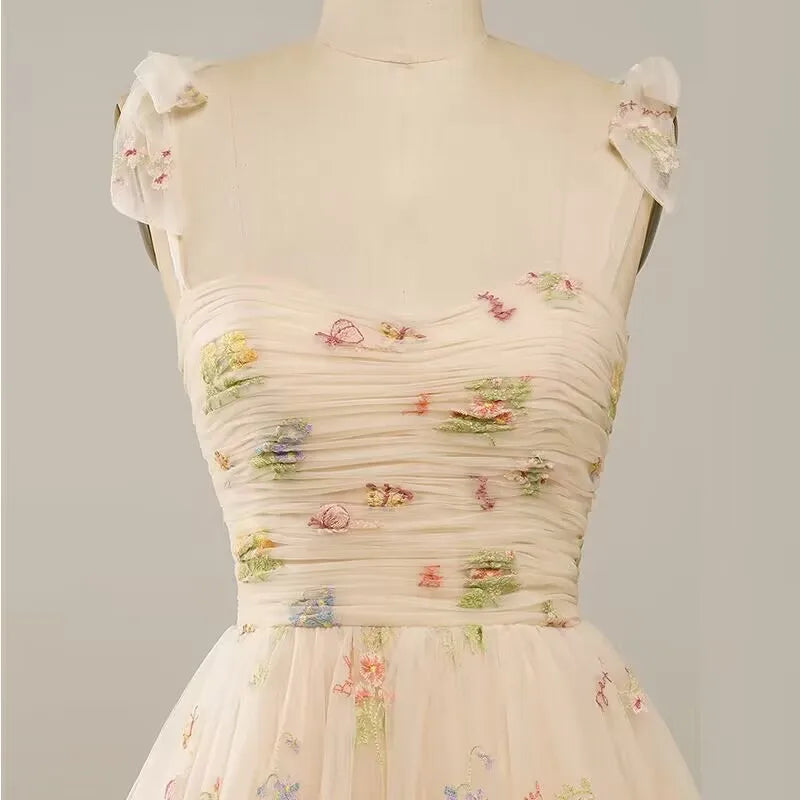 Fairy Forest Green Short Prom Dresses Spaghetti Straps Colorful Flowers Lace Evening Party