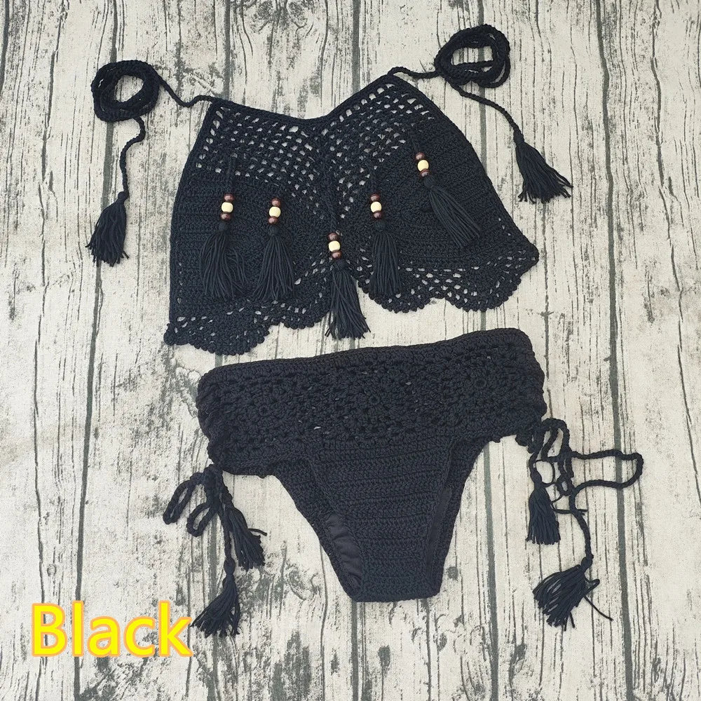 Vintage Boho Hand Crochet Bikini Set Wooden Bead Fringe Crop Swimwear Black