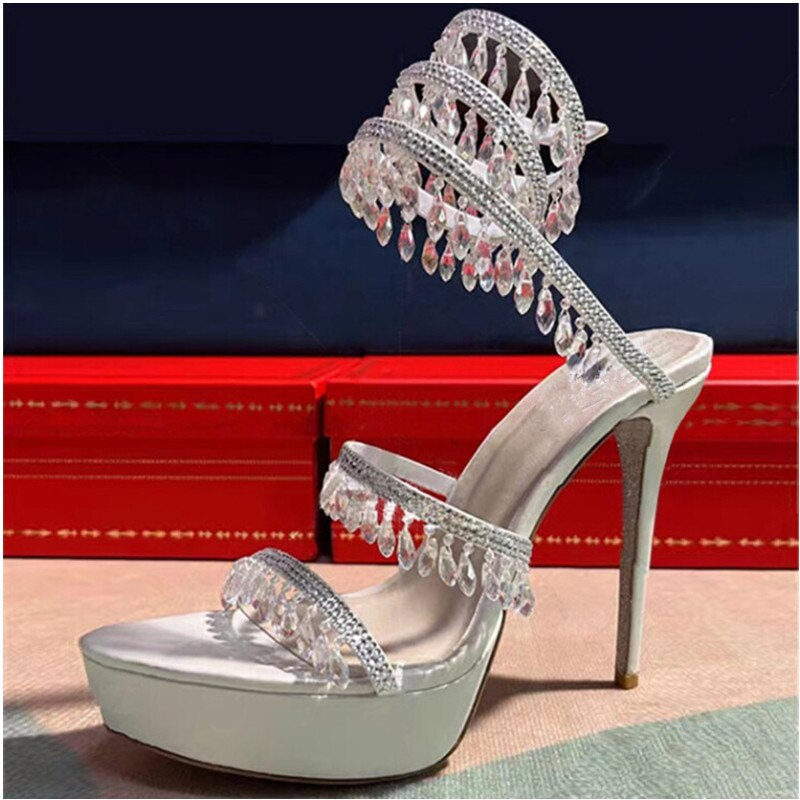 Summer New Round Toe Thick Sole Sandals with Snake Twisted Beaded Water Diamond Thin Heel High Heel Sandals for Women