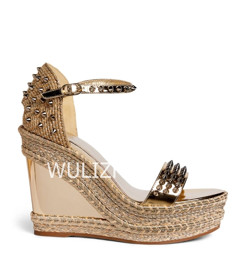 Women Bling Gold Stud Wedge Sandals Espadarille Metallic Hollow Buckle Design Shoes Open Office Bordered Luxury Gladiator Summer 12.5 cm 1