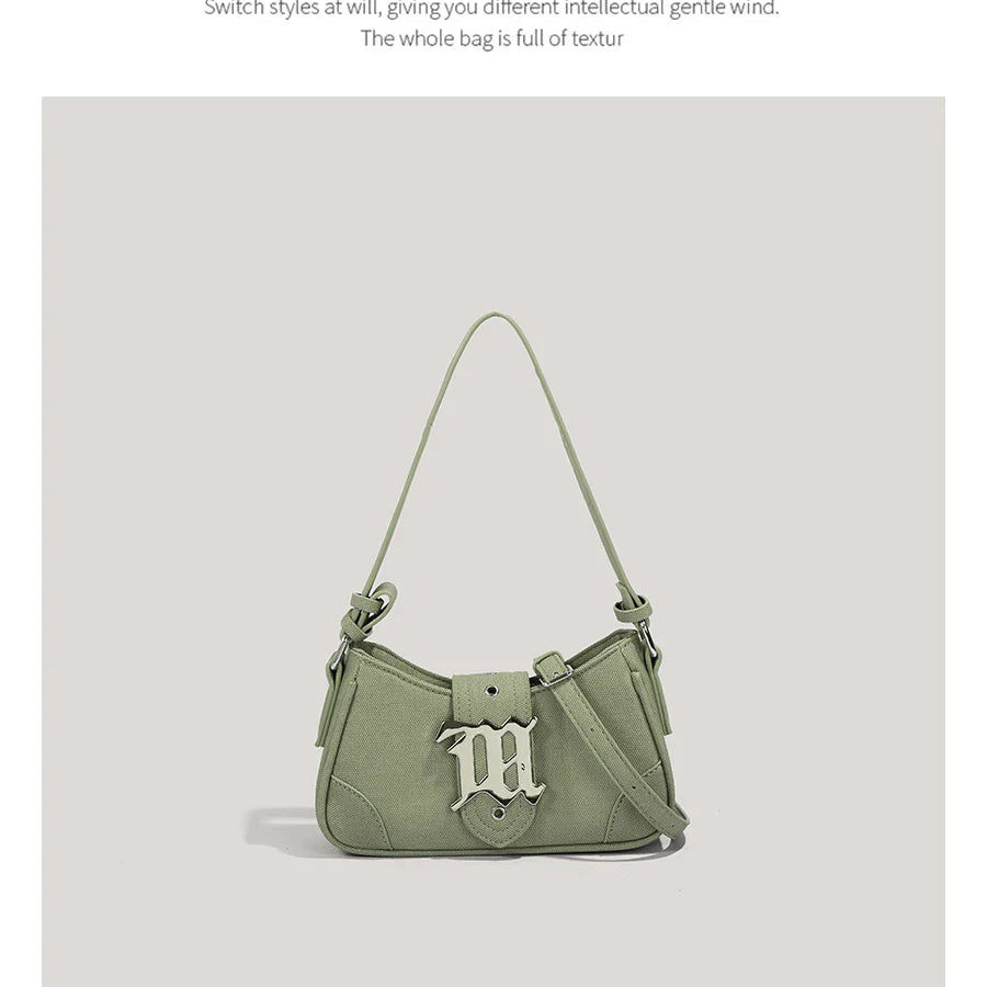 Women's Leisure Bag Luxury Designer Brand Handbag and Wallet Canvas Ribbon Sheet Metal Decoration Crossbody Bag Small Military green