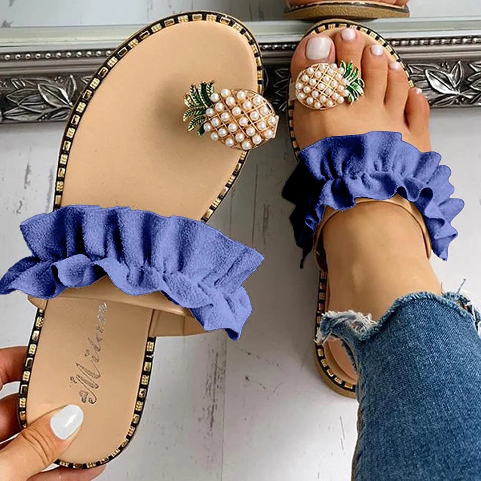 Women Slipper Pineapple Pearl Flat Toe Bohemian Summer Beach Sandals Ladies Shoes plus size Mujer Verano Blue
