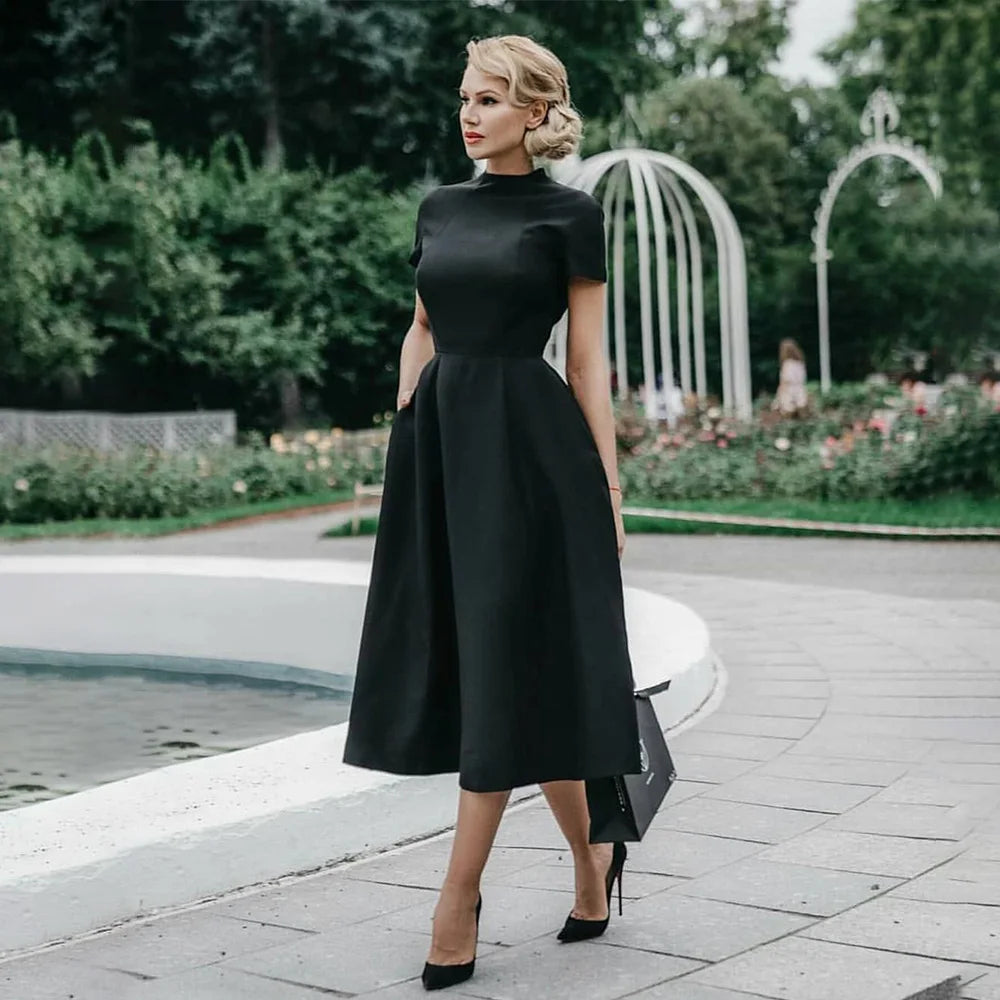 Women Elegant Black Dress Half High Collar High Waist A-Line Dresses Slim Fit Dress Office Lady Female Solid Vestidos