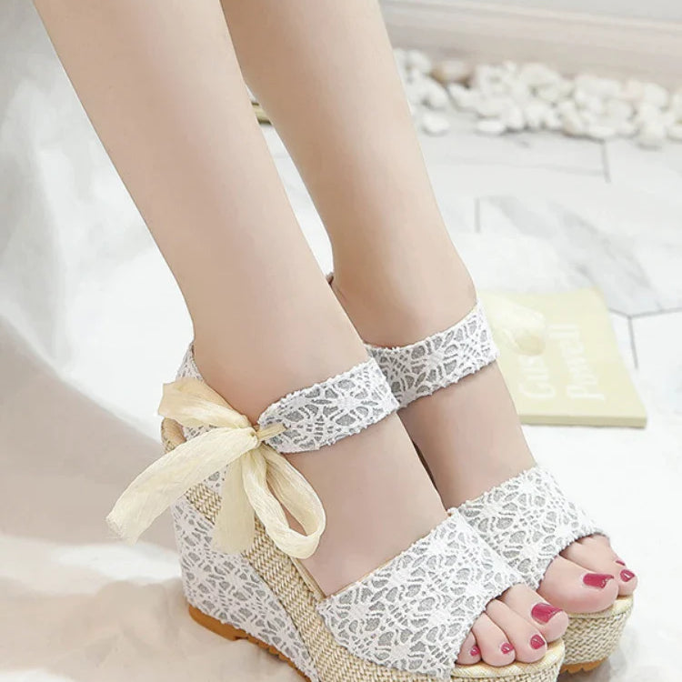 Women sandals Lace Leisure Women Wedges Heeled Women sandals Summer Sandals Party Platform High Heels Shoes Woman Silver