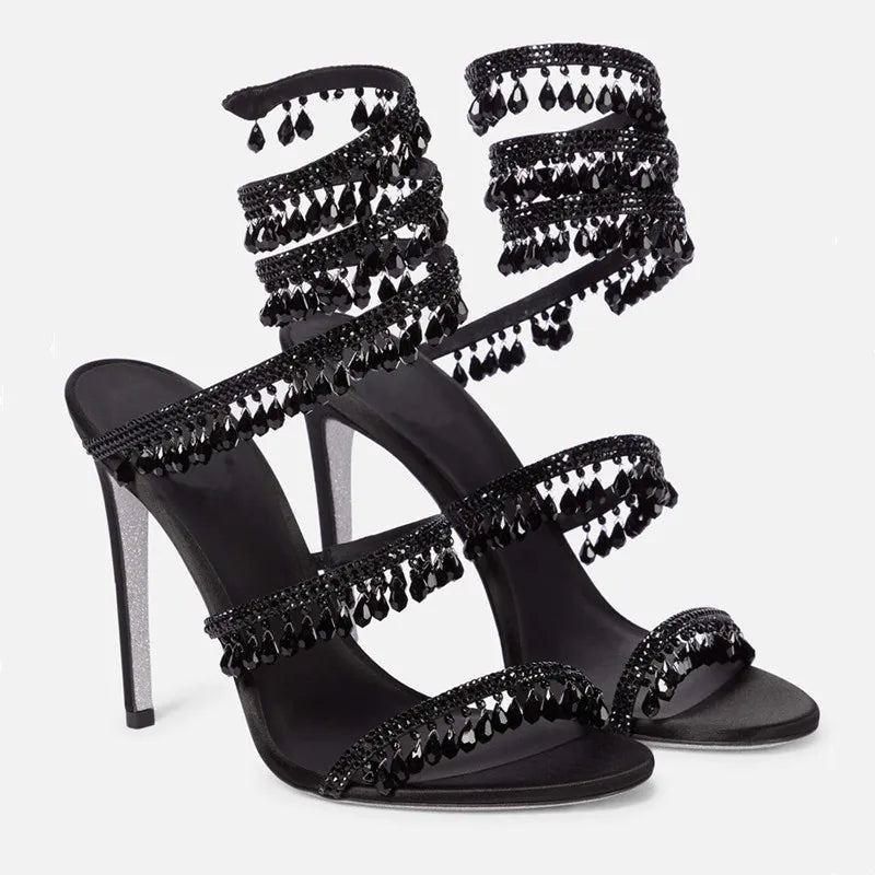 Fashion Crystal Pendant Tassels Women Sandals Sexy Snake Coiled Stiletto High heels Gladiator sandals Summer Wedding Party Shoes Black
