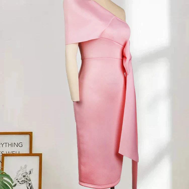 Women Pink Dress One Shoulder with Bowtie Waist Belt Party Christmas Elegant Slim Birthday African Event Celebrate Occasion New
