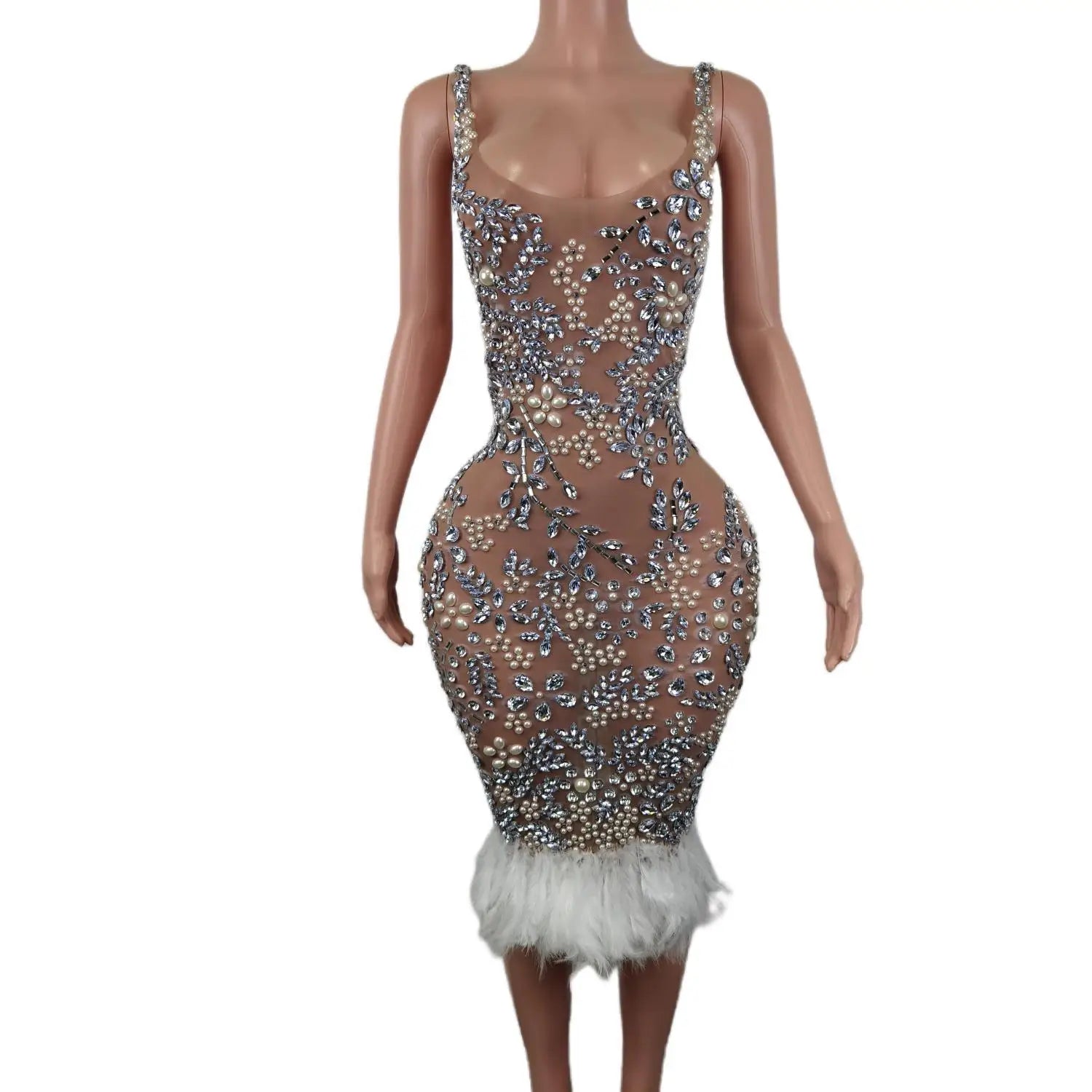 Luxury Sheer Sleeveless Sparkly Crystals Beaded White Feather Dresses Black Girls Short Prom Dresses Birthday Party Gowns Meihua Nude