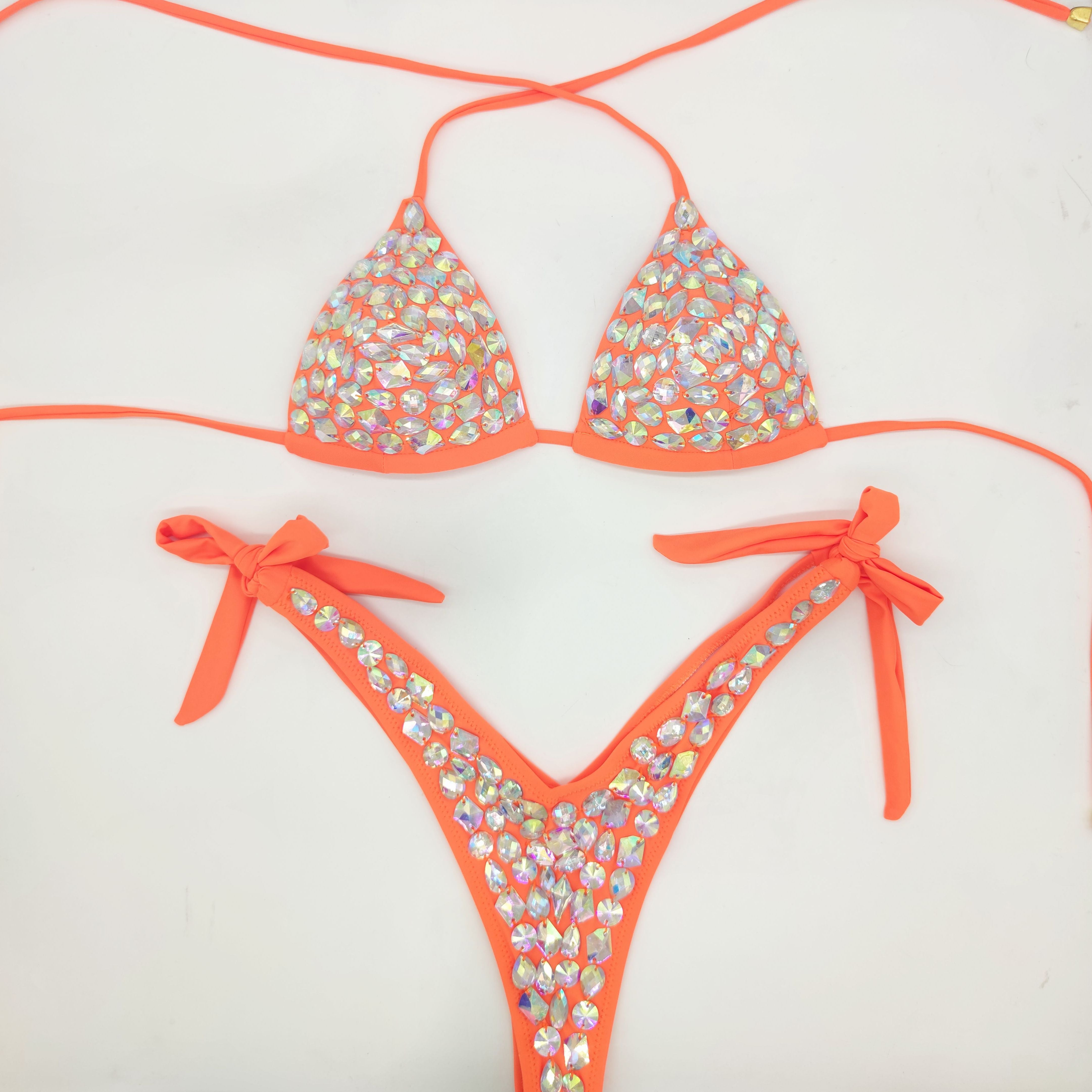 Rhinestone Triangle Biquini Sexy Push Up Feminina's Swimwear Cristal Diamante Halter Bandage Thong Biquine Swimsuit