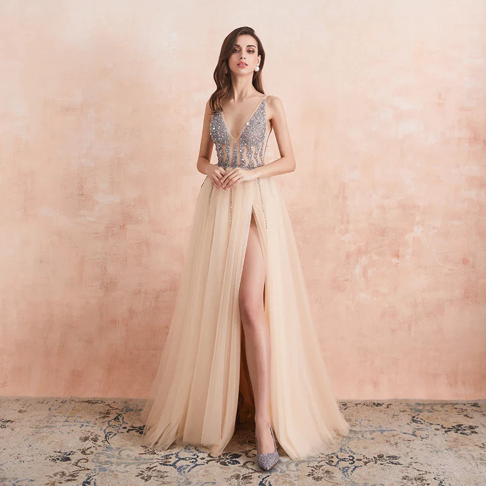 Sexy V Neck Evening Dresses for Women Champagne Crystal Beaded Beads Backless Formal Prom Gowns Champagne