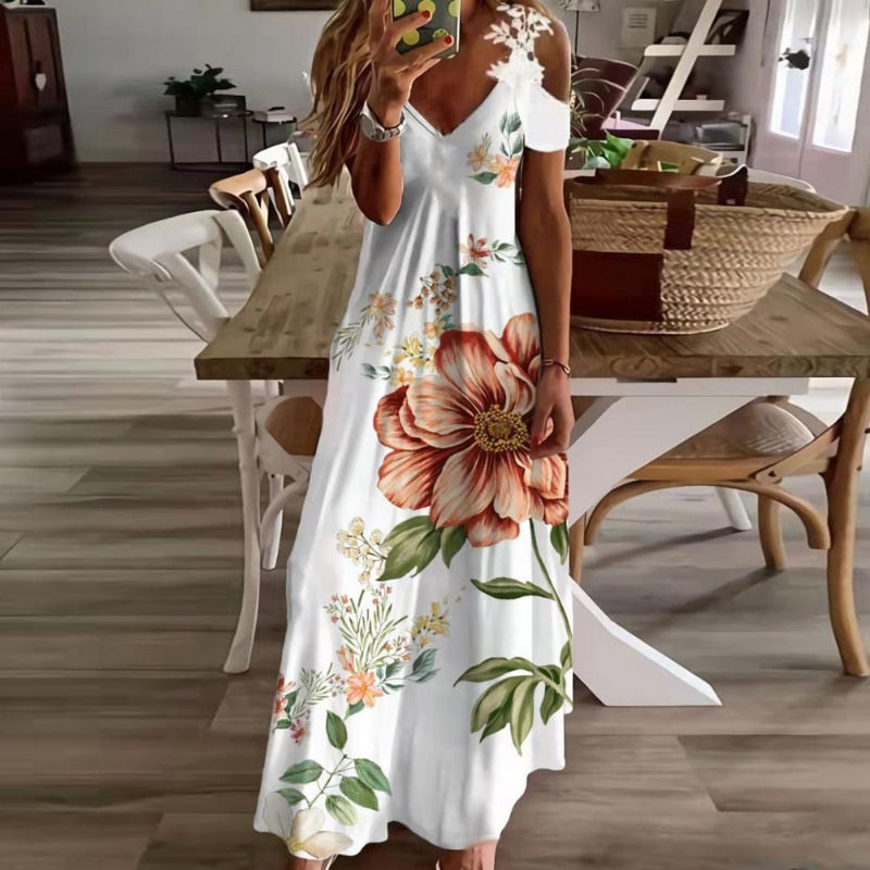 Abito lungo da donna con stampa floreale Abito boho in pizzo con scollo a barchetta Scava fuori una linea Abito lungo da donna Abito casual da spiaggia con scollo a V allentato Abiti da festa