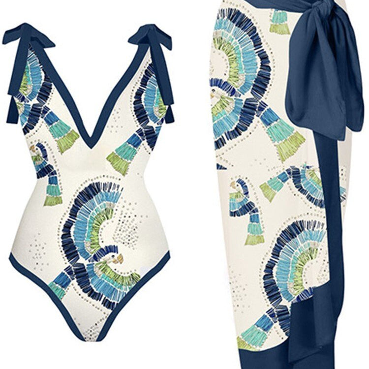 Skirt Cover Up Bodysuit Set Women Bandage Bathing Suit Swimwear Summer New Fashion Print Beach Holiday Bodysuit Cover Up Outfits