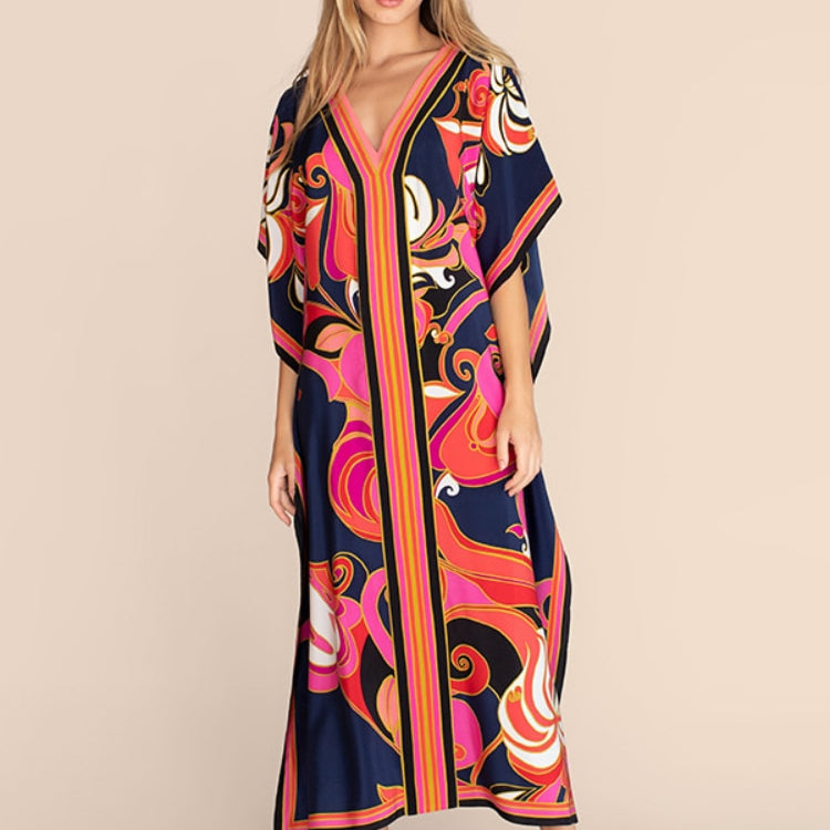 Printed Kaftans for Women Beach Cover Up Seaside Maxi Bohemian Dresses Beachwear Pareo Bathing Suits navy flower covers