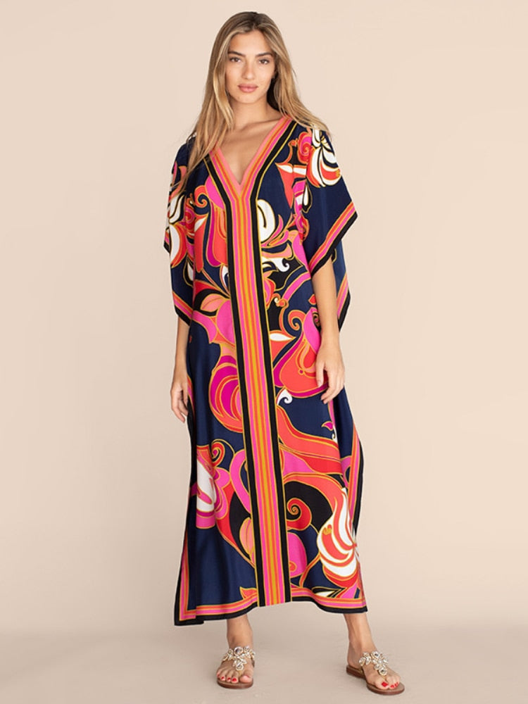 Printed Kaftans for Women Beach Cover Up Seaside Maxi Bohemian Dresses Beachwear Pareo Bathing Suits navy flower covers