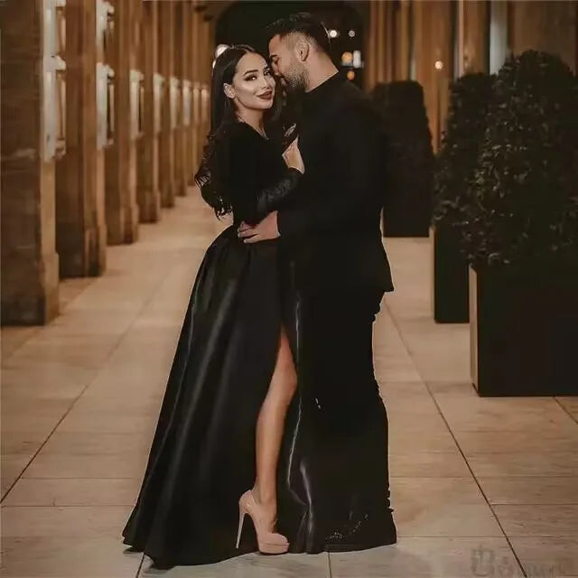 Gorgeous V-Neck Evening Dresses Long Sleeve Satin Side Slit Prom Dress High Waist Evening Gown Party Robe de soiree