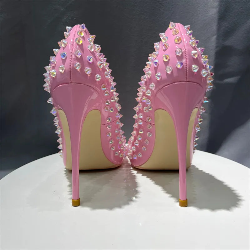 Shiny Spikes Women Patent Pink Pointy Toe Sexy High Heel Party Shoes Rivets Studs Ladies Slip On Stiletto Pumps 8-12cm