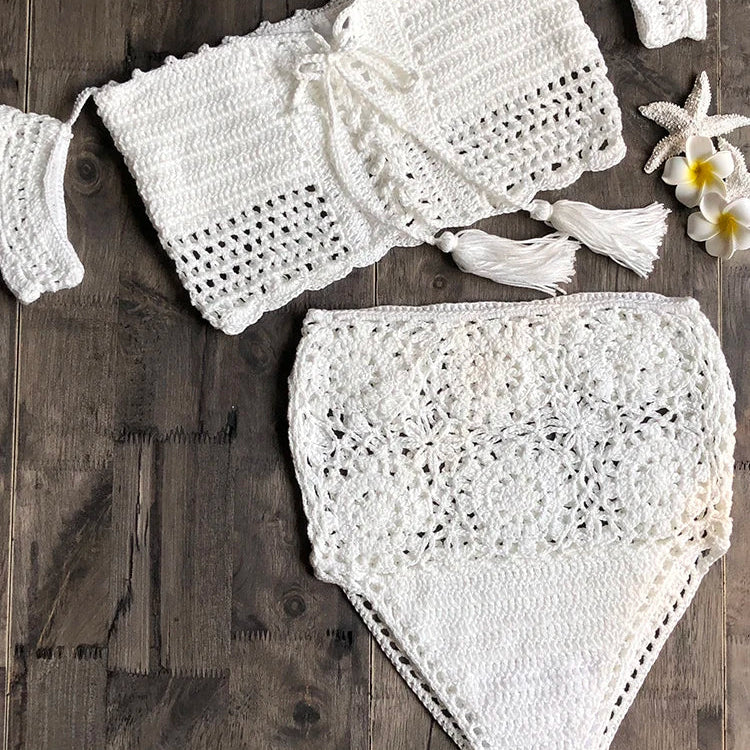 Crochet High Leg Bandeau Bikini Set Swimwear Female Two Pieces Swimsuit High Waist Bikini Women Bathing Suit Biquini 2019 New White
