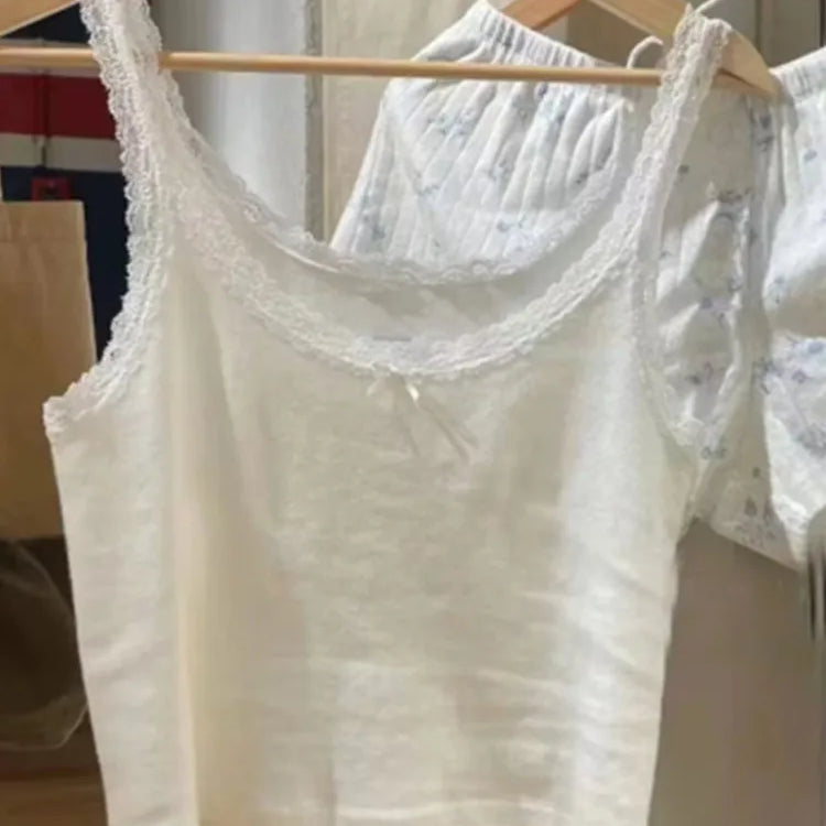 Casual Women Fashion Soft Cotton White Bow Ornament Tanks Summer Vintage O Neck Lace Edge Sleeveless Female Chic Tops