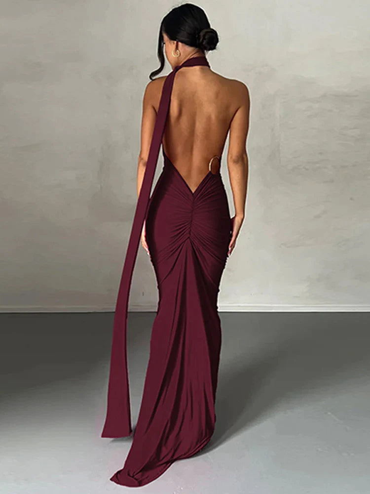 Ladies Night Club Wear Neon Y2K Summer Outfits Women Sleeveless Backless Halter Ruched Bodycon Evening Maxi Dress Birthday Party Burgundy