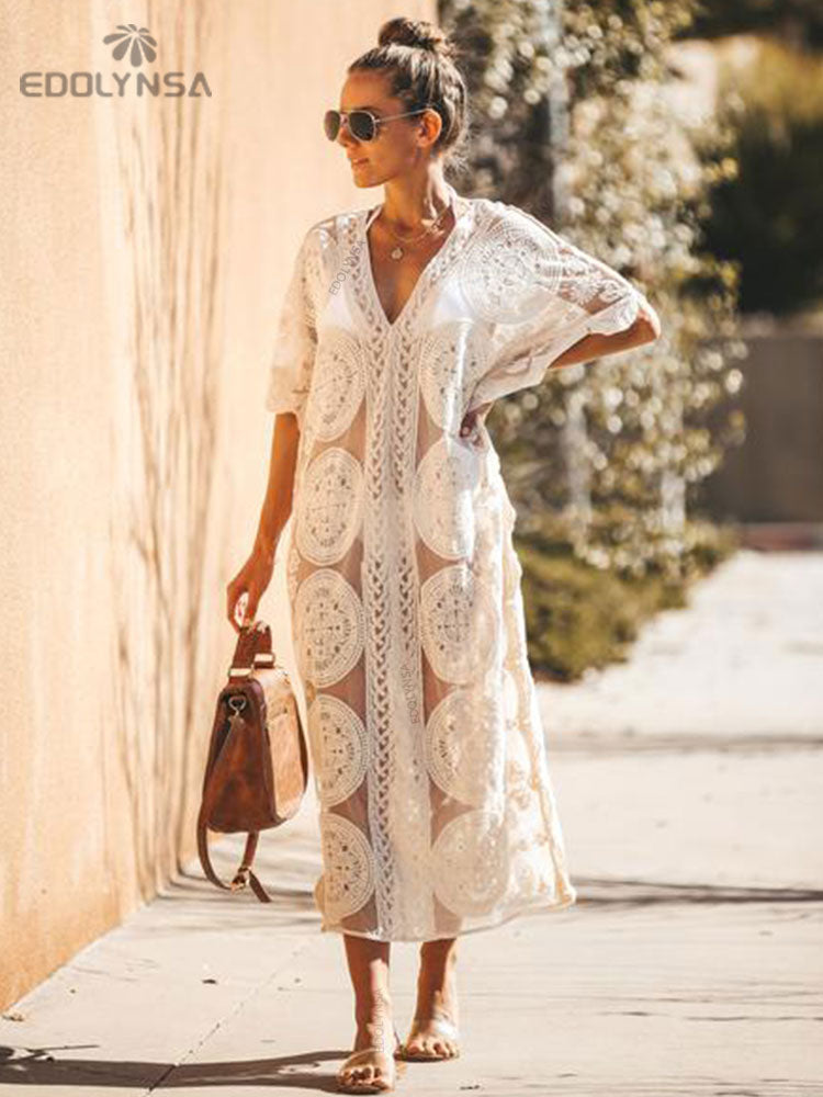 Sexy Kaftan Beach Pareo Beachwear Swim Suit Cover-ups Playa Pareo Beach Tunic See-through