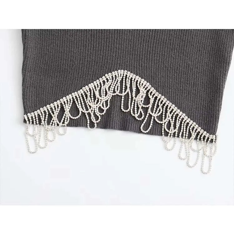 Women Fashion V Neck Ribbing Knitting Short Blouse Female Hem Diamond Tassel Slim Shirt Female Chic Blusas Tops