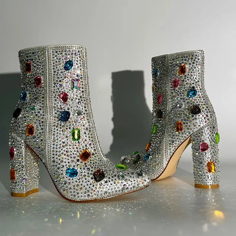 Women Rhinestones Ankle Boots Pointed Toe Zipper Luxury Bling Party Dress Big Size Lady Booties