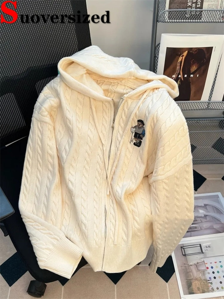 Vintage Hooded Loose Knitted Cardigan Long Sleeve Zipper Tops Retro Women Spring Fall Sweater Casual New Knitwears Gilet