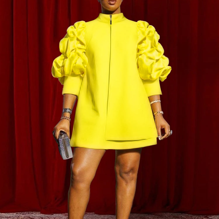 Trendy Fall Winter 2024 Mini Shift Dress Women High Neck Puff Sleeve Zipper Tunic Dress Retro Vintage Party Club Events Wear 4XL Yellow