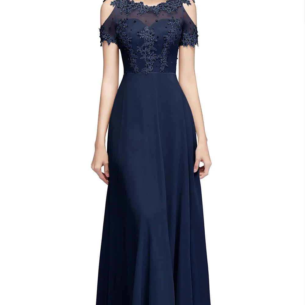 Bridesmaid Dress Pearl Beads Illusion Short Sleeve Boho Formal Party Guest Gowns Chiffon A Line Dresses Women