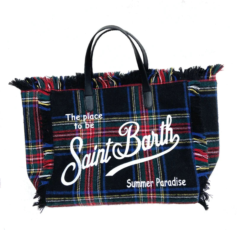 Tote Bags For Women 2024 New Luxury Handbags Embroidered Letter Spliced Triped Plaid Tassel Woolen Bag Fashion Large Bags