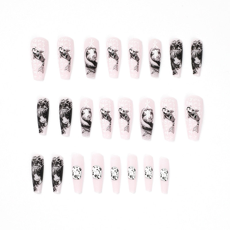 Sea Wave Carp Japanese Style Doodle False Nails Detachable Nude Pink Long Coffin Fake Nails with Glue Full Cover Press on Nails
