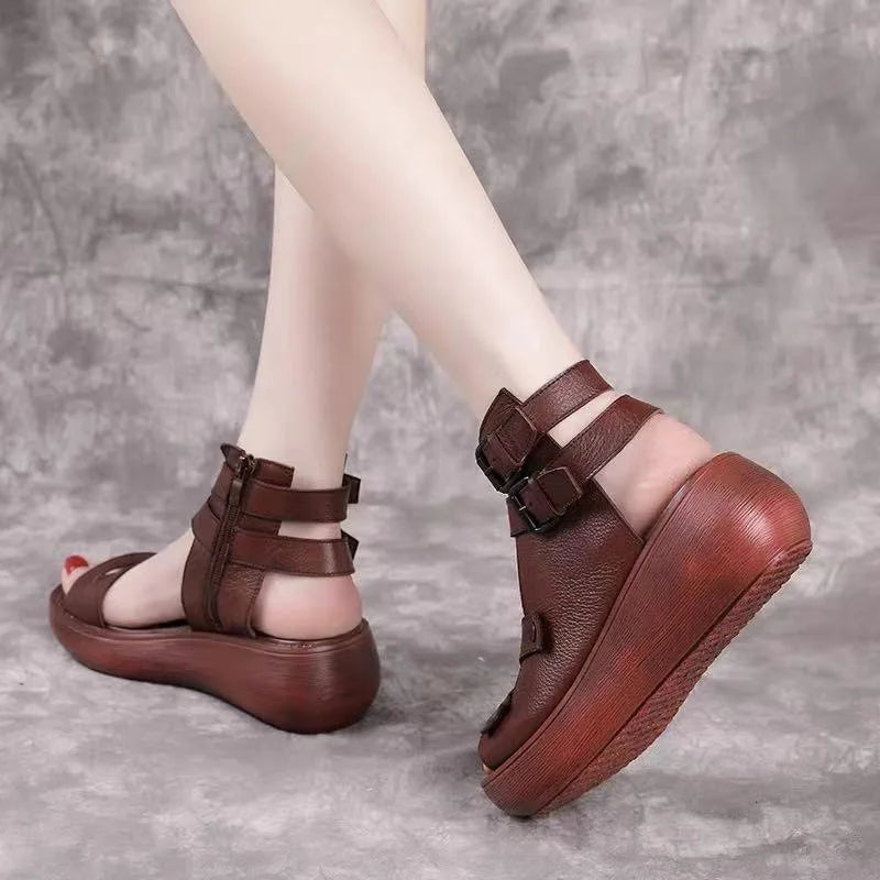 Women's High Heel Roman Shoes Summer Fashion Shoes High Top Soft Leather Slope Heel Cool Boots Thick Sole Sandals Woman