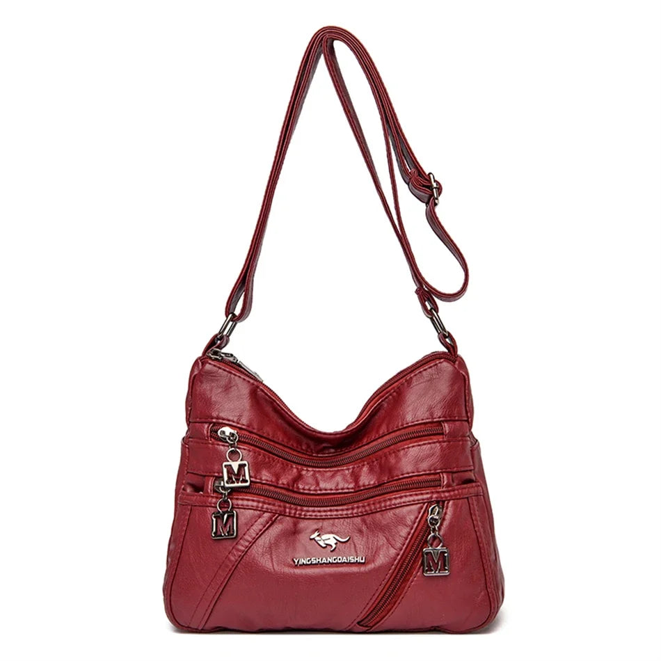 Soft Leather Luxury Handbags Purse Women Bag Designer Multi-pocket Crossbody Shoulder Bag for Female Trend Sac Wine Red