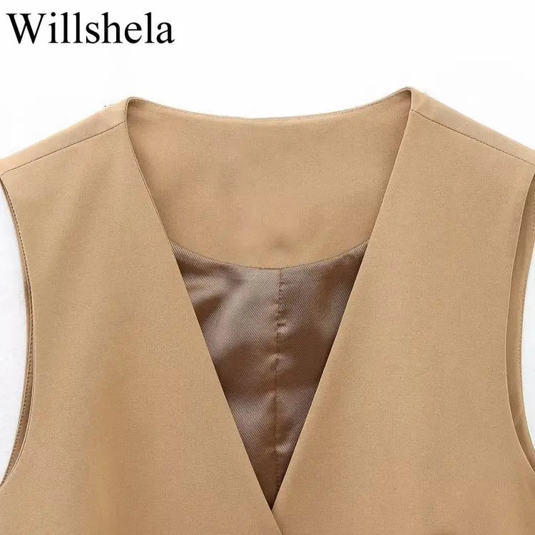 Willshela Women Fashion Khaki Cropped Vest V-Neck Single Breasted Sleeveless Female Chic Lady Outfit Short Top Tank