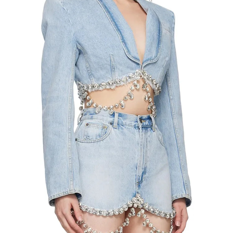 Spliced Diamonds Tassel Denim Two Piece Set For Women Lapel Long Sleeve Coat High Waist Mini Skirt Fashion Set 2023