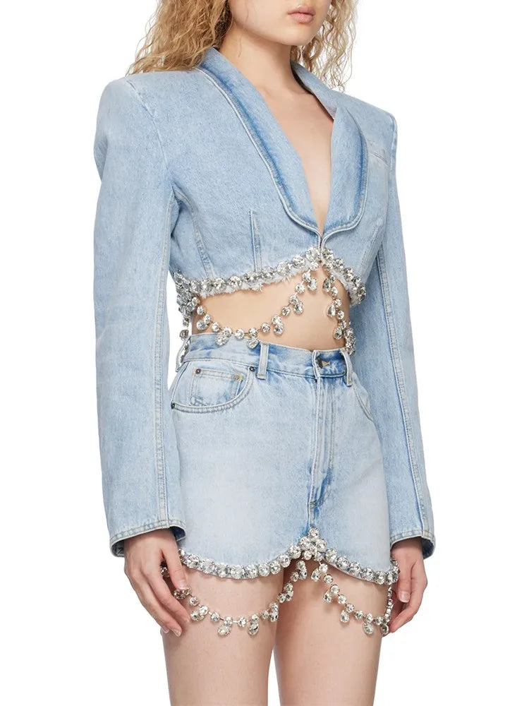 Spliced Diamonds Tassel Denim Two Piece Set For Women Lapel Long Sleeve Coat High Waist Mini Skirt Fashion Set 2023
